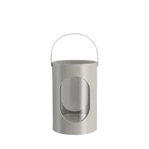 Lys grå cylindrisk lanterne med oval åbning og håndtag på toppen.